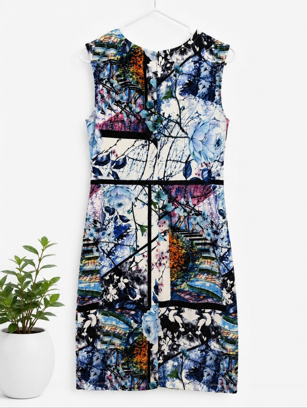 Women's Abstract Floral Lace Accent Sheath Dress | Blue Multicolor - Picture 3 of 7